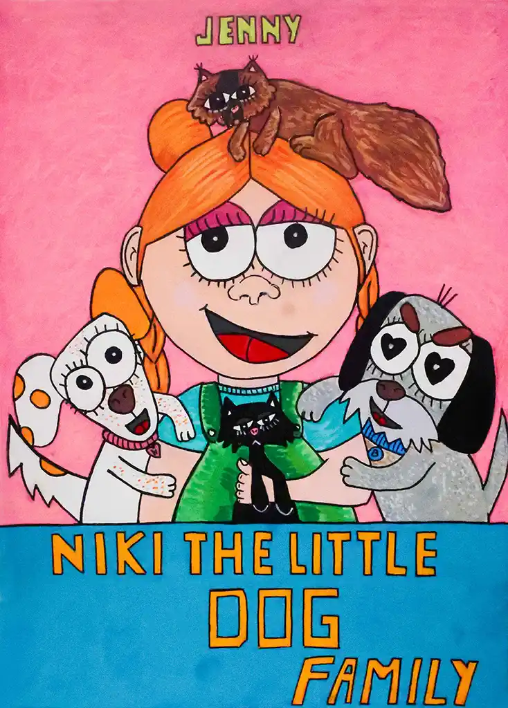 Jenny con i suoi cani e gatti sulla prima copertina di Niki