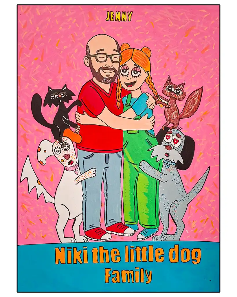Jenny e la sua famiglia circondati dai loro cani e gatti